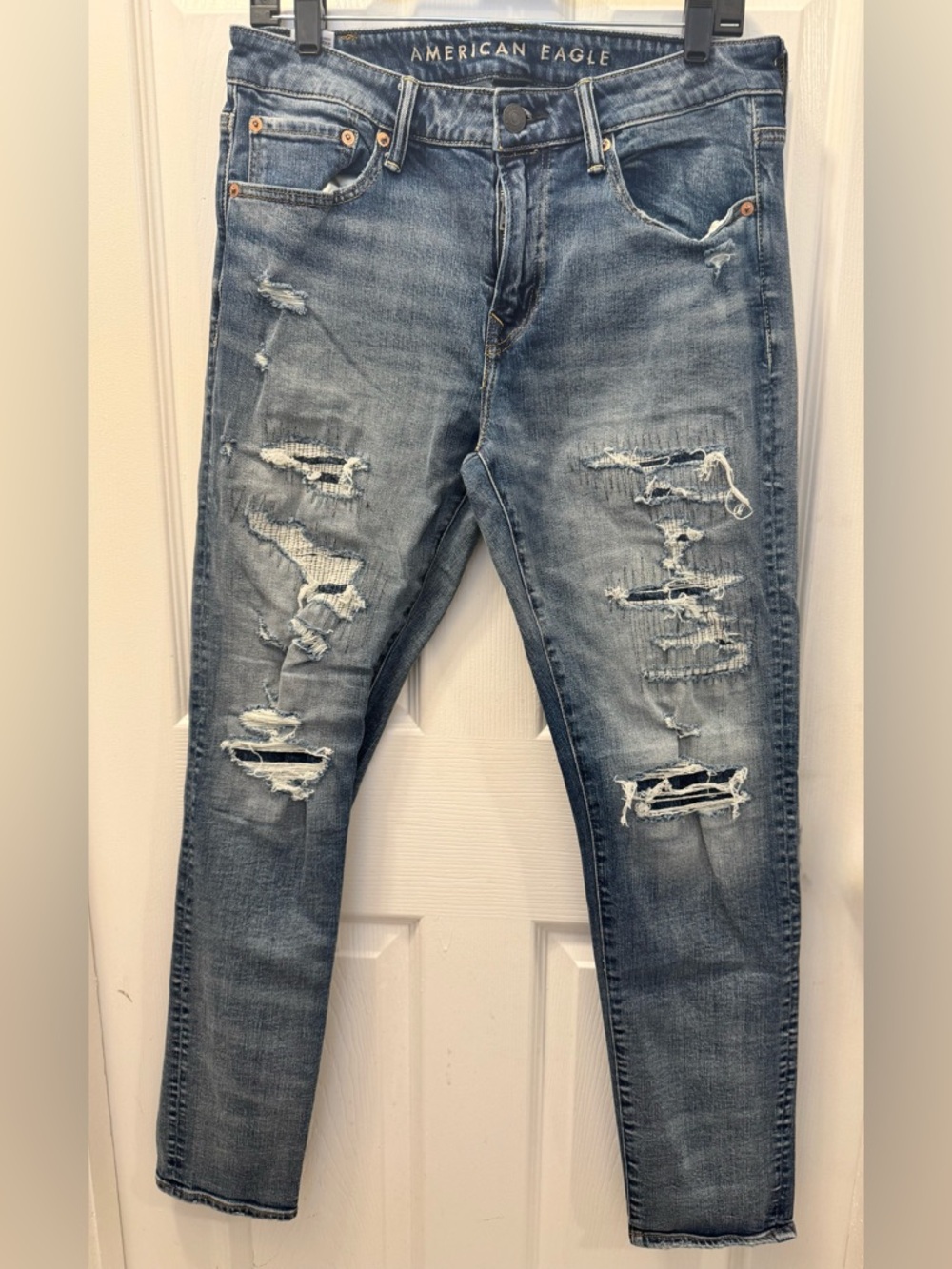 American Eagle Outfitters Men's Distressed Light Blue Skinny Jeans